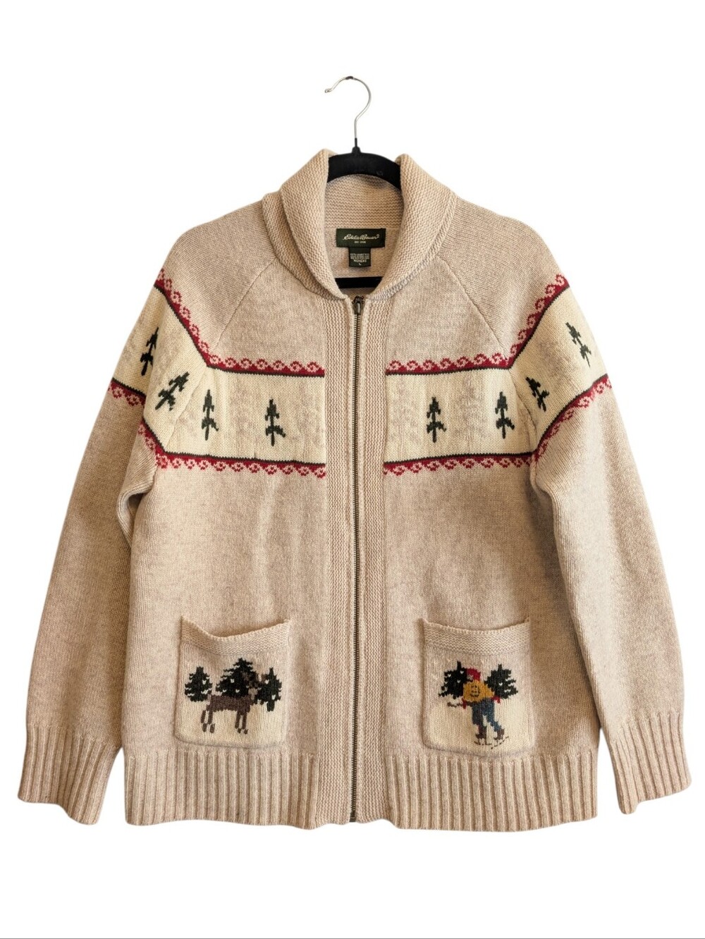 Vtg Eddie Bauer Women's Lambs Wool Zip Cardigan Ski Winter Trees Size Large